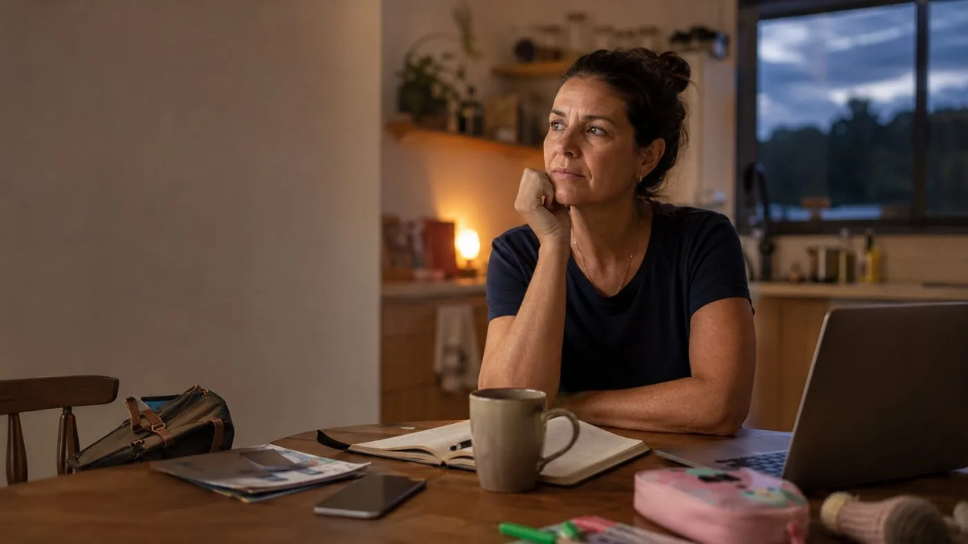 Mulher sentada à mesa da cozinha, com o caderno aberto, olhando para a janela