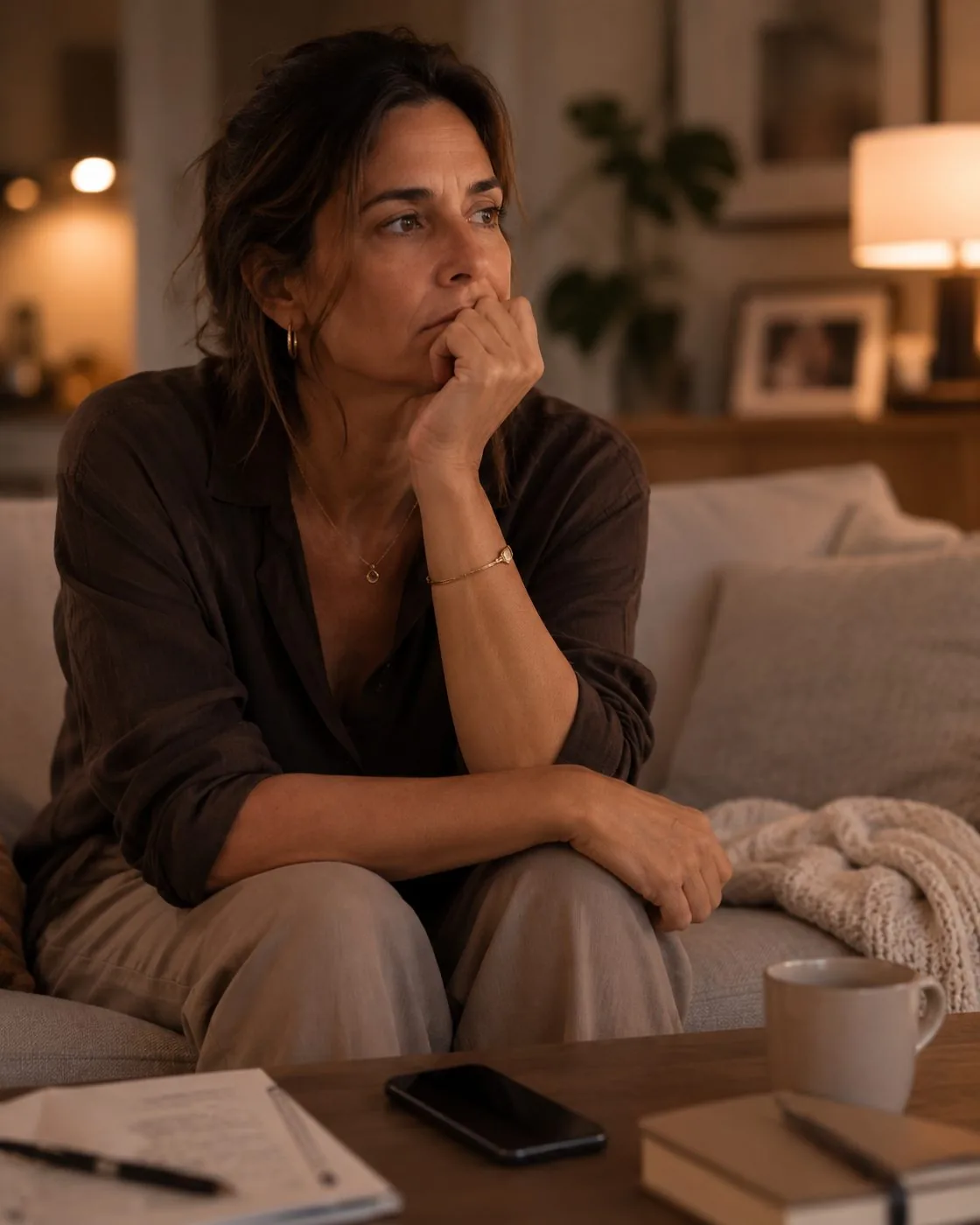 Mulher sentada no sofá à noite, pensativa