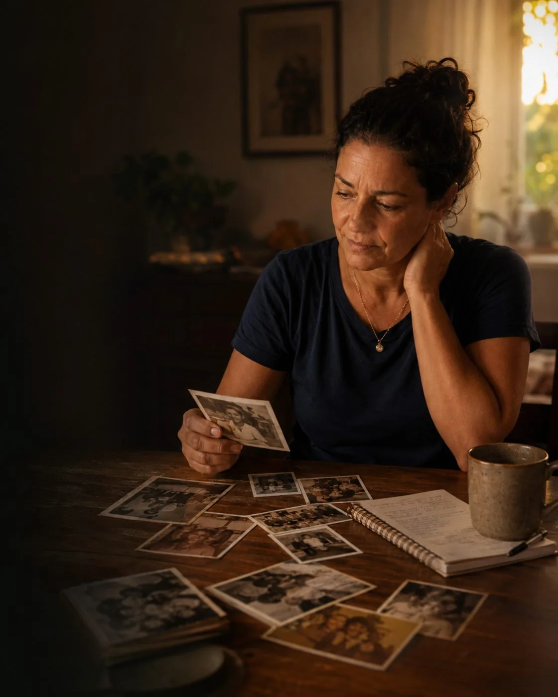Mulher olhando fotografias antigas de família sobre a mesa